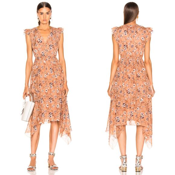 Ulla Johnson Dresses & Skirts - ULLA JOHNSON Ciel Dress In Cafe Size 2 Tan Silk Gold Metallic Floral Flowy Midi